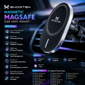 GHOSTEK 15W Magsafe Fast Wireless Car Charger Vent Mount Magnetic Phone Holder